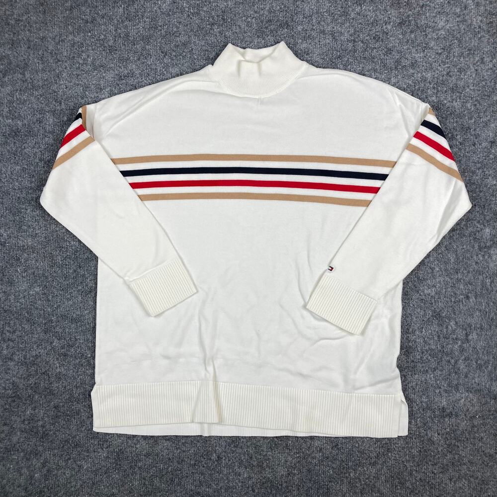 Tommy Hilfiger Sweater Mens L Cream Mock Neck Stripe‎ Logo Pullover - Picture 2 of 8